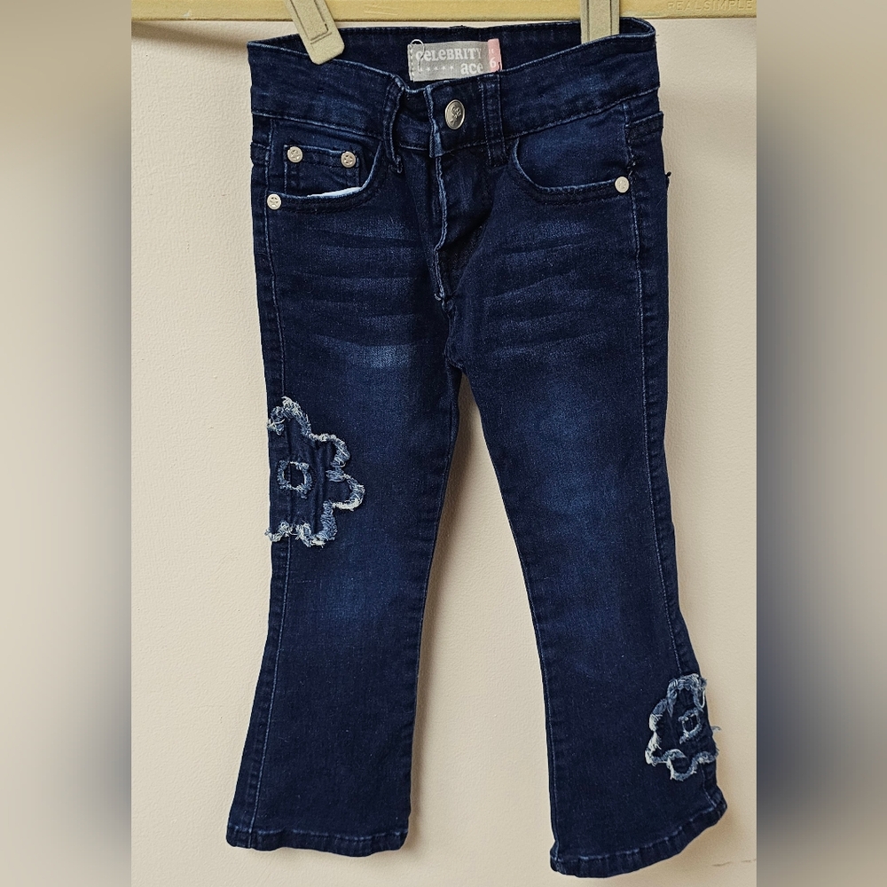 Kids Dark Blue Jeans with Floral Accents